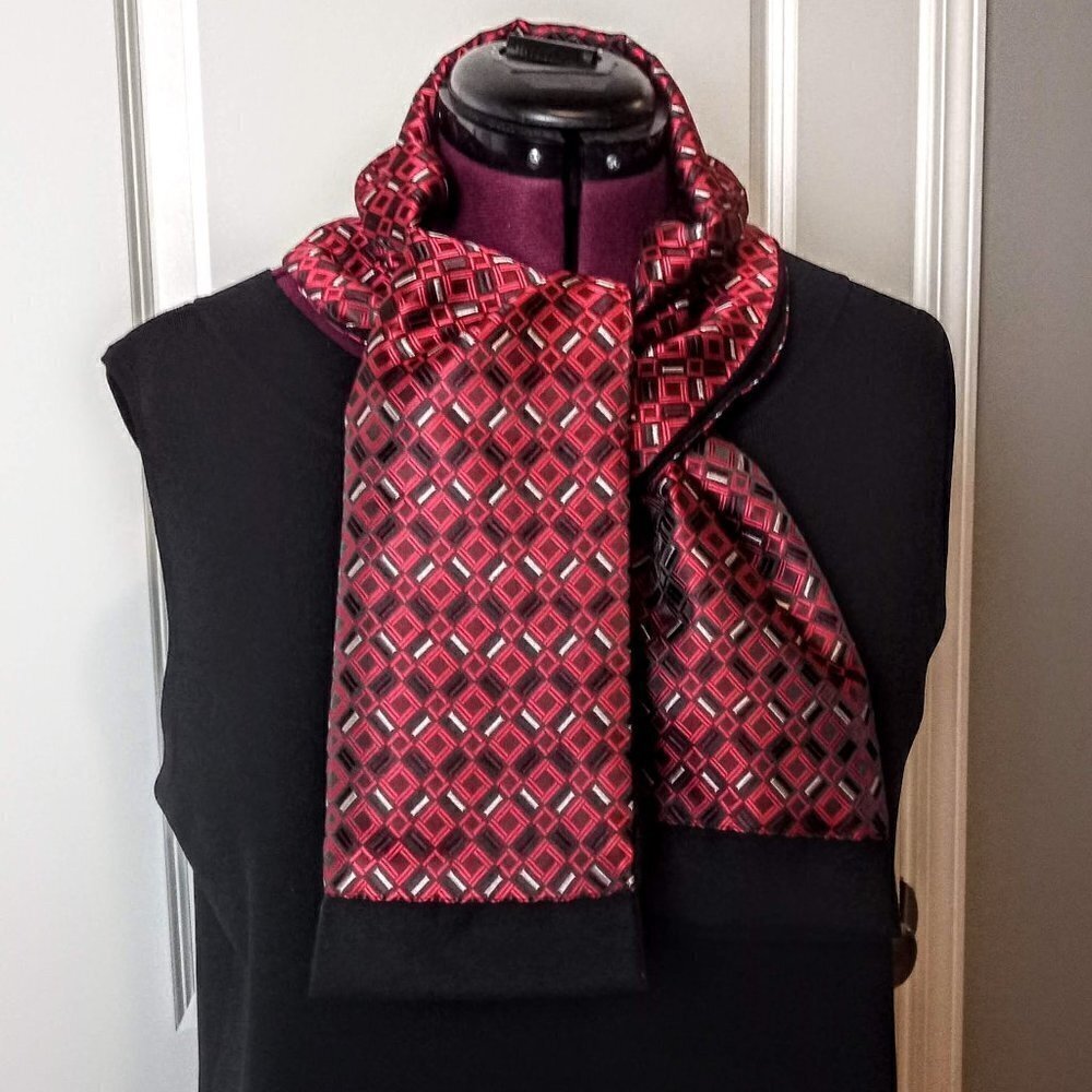Italian Red Black White Print Silk Brocade Oblong Scarf